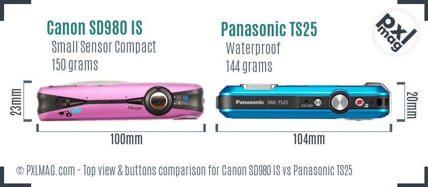 Canon SD980 IS vs Panasonic TS25 top view buttons comparison