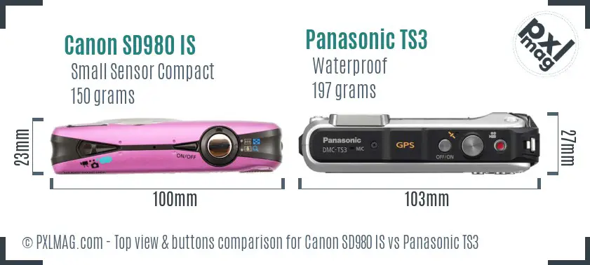 Canon SD980 IS vs Panasonic TS3 top view buttons comparison