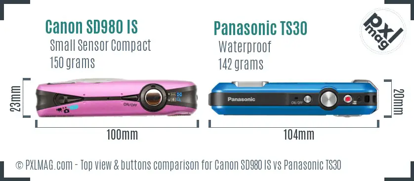 Canon SD980 IS vs Panasonic TS30 top view buttons comparison