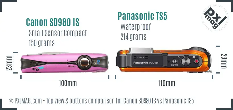 Canon SD980 IS vs Panasonic TS5 top view buttons comparison