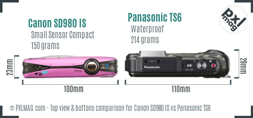 Canon SD980 IS vs Panasonic TS6 top view buttons comparison