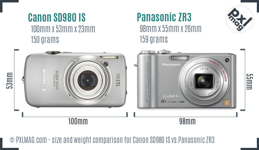 Canon SD980 IS vs Panasonic ZR3 size comparison