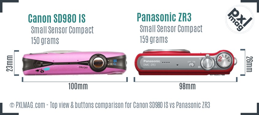 Canon SD980 IS vs Panasonic ZR3 top view buttons comparison