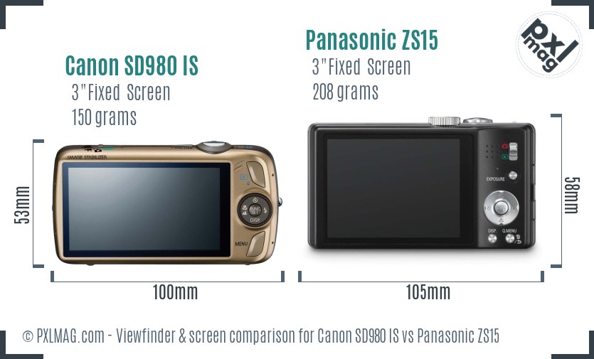 Canon SD980 IS vs Panasonic ZS15 Screen and Viewfinder comparison