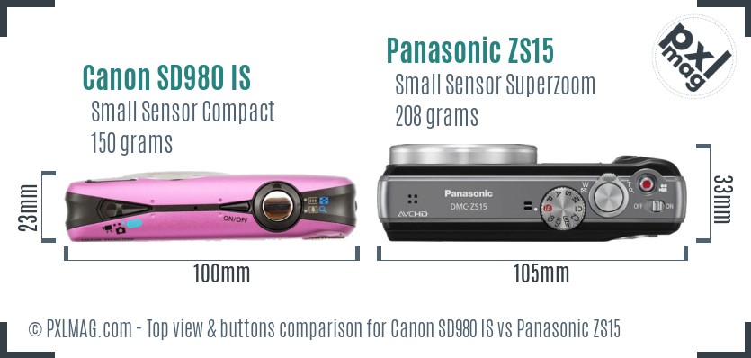 Canon SD980 IS vs Panasonic ZS15 top view buttons comparison
