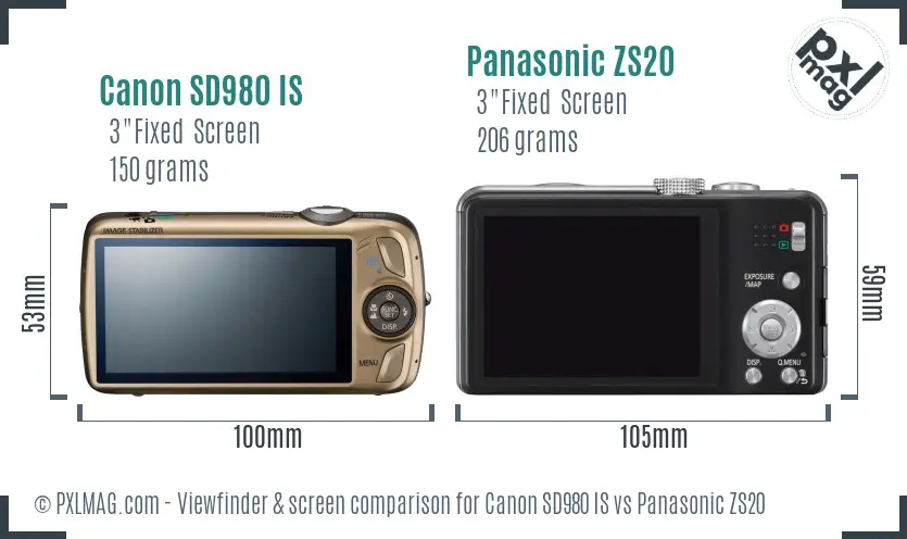 Canon SD980 IS vs Panasonic ZS20 Screen and Viewfinder comparison