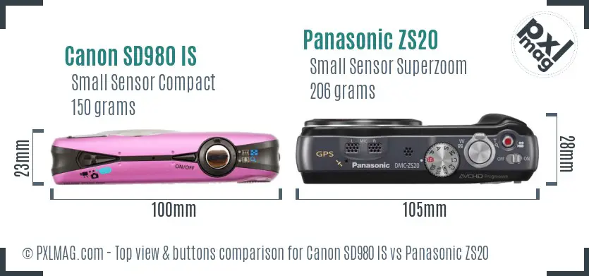 Canon SD980 IS vs Panasonic ZS20 top view buttons comparison