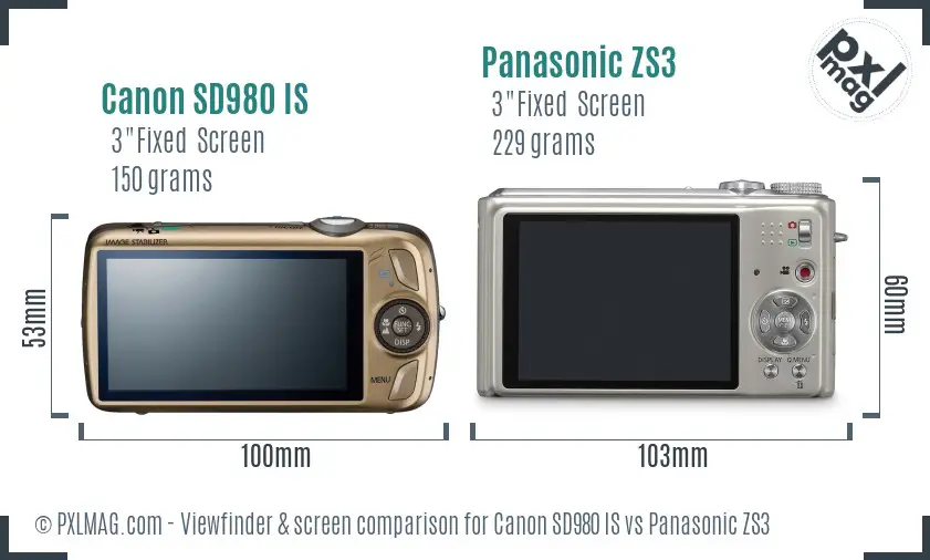Canon SD980 IS vs Panasonic ZS3 Screen and Viewfinder comparison