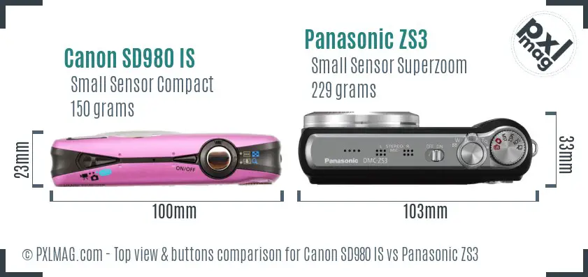 Canon SD980 IS vs Panasonic ZS3 top view buttons comparison