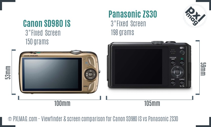 Canon SD980 IS vs Panasonic ZS30 Screen and Viewfinder comparison