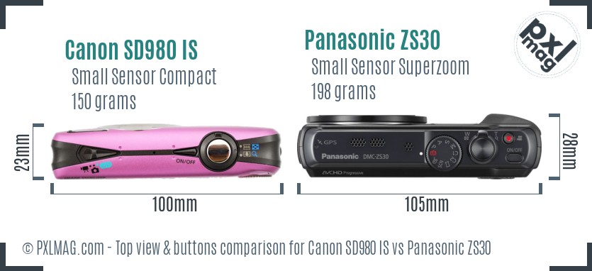 Canon SD980 IS vs Panasonic ZS30 top view buttons comparison
