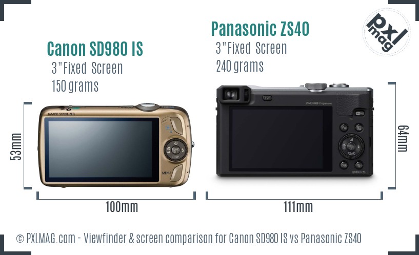 Canon SD980 IS vs Panasonic ZS40 Screen and Viewfinder comparison