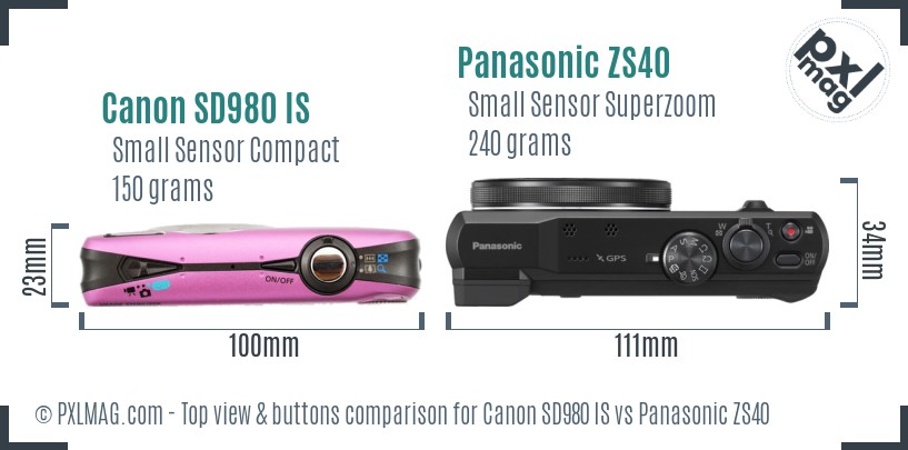 Canon SD980 IS vs Panasonic ZS40 top view buttons comparison