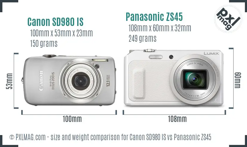 Canon SD980 IS vs Panasonic ZS45 size comparison