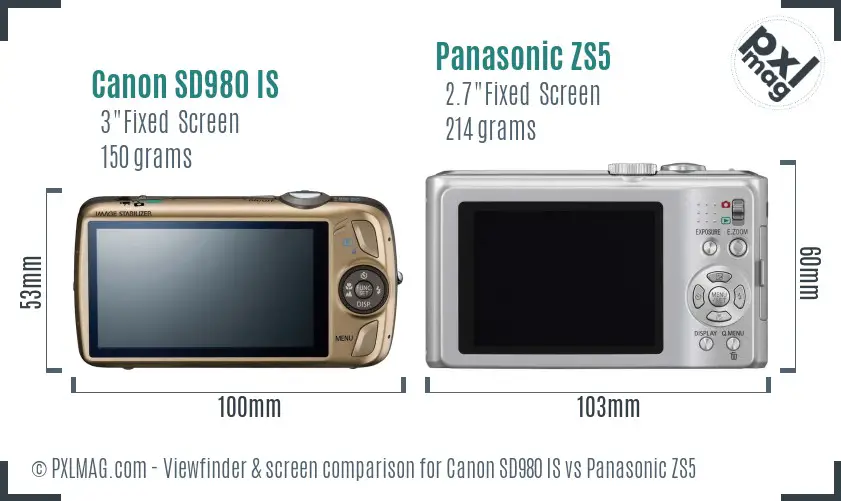 Canon SD980 IS vs Panasonic ZS5 Screen and Viewfinder comparison