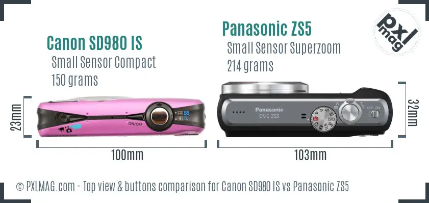 Canon SD980 IS vs Panasonic ZS5 top view buttons comparison