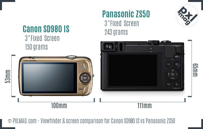 Canon SD980 IS vs Panasonic ZS50 Screen and Viewfinder comparison
