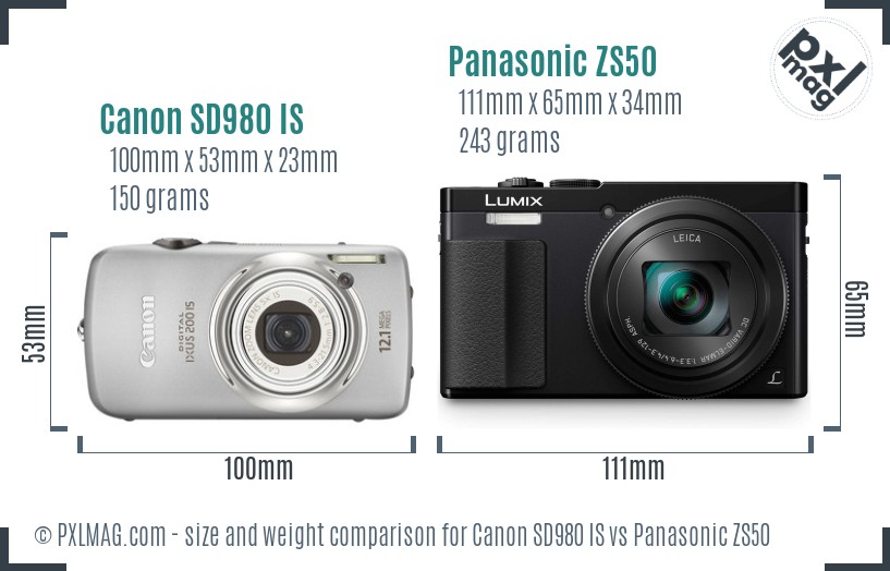 Canon SD980 IS vs Panasonic ZS50 size comparison