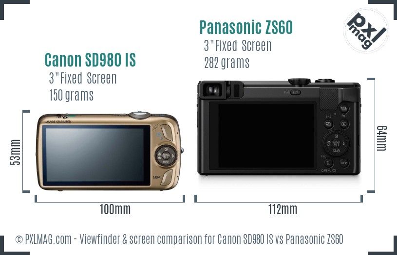 Canon SD980 IS vs Panasonic ZS60 Screen and Viewfinder comparison