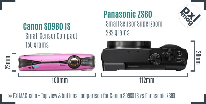 Canon SD980 IS vs Panasonic ZS60 top view buttons comparison