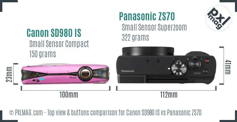 Canon SD980 IS vs Panasonic ZS70 top view buttons comparison