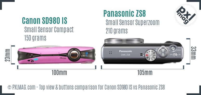 Canon SD980 IS vs Panasonic ZS8 top view buttons comparison