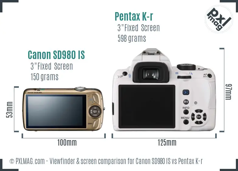 Canon SD980 IS vs Pentax K-r Screen and Viewfinder comparison