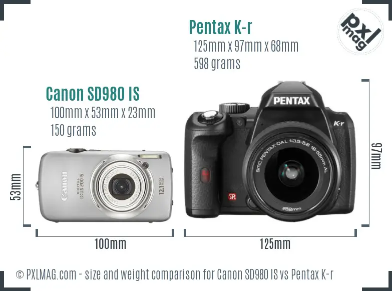Canon SD980 IS vs Pentax K-r size comparison