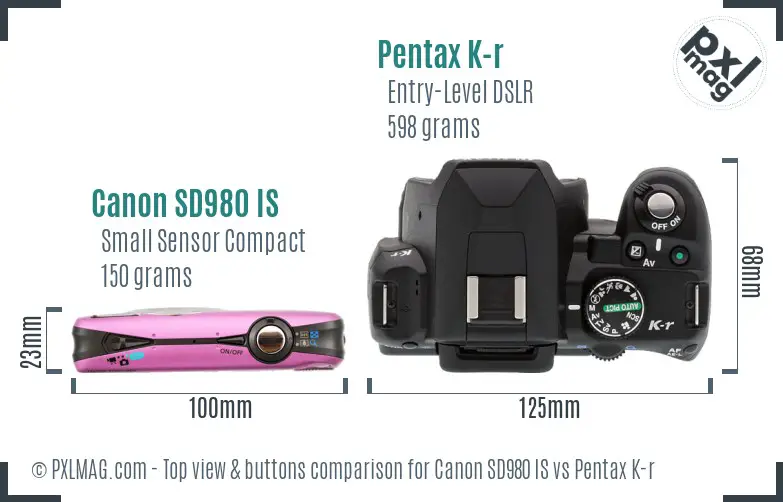Canon SD980 IS vs Pentax K-r top view buttons comparison