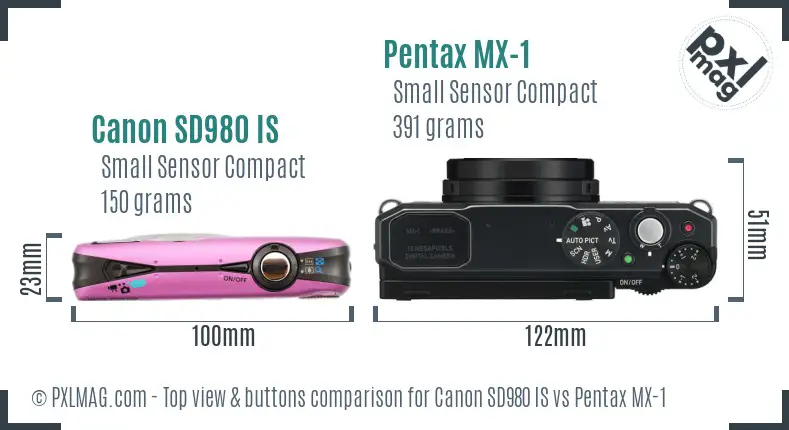 Canon SD980 IS vs Pentax MX-1 top view buttons comparison