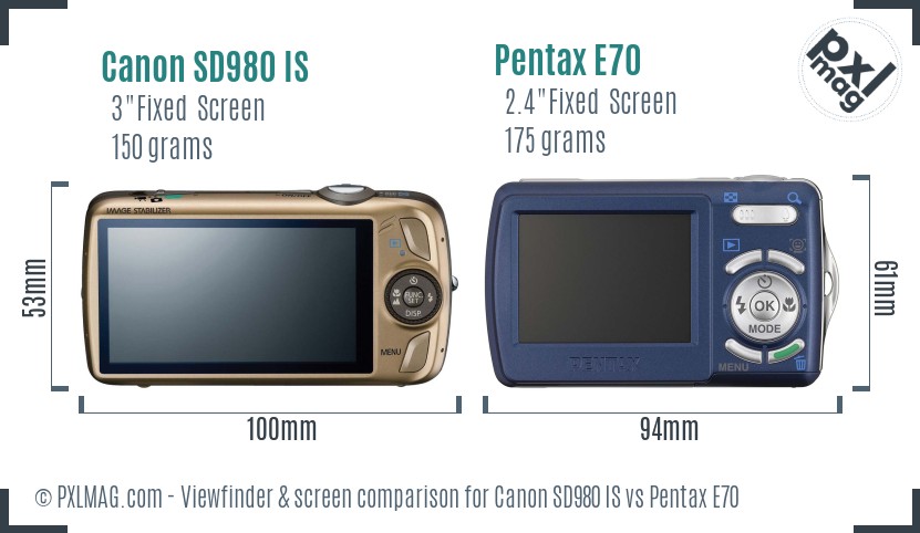 Canon SD980 IS vs Pentax E70 Screen and Viewfinder comparison