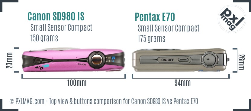 Canon SD980 IS vs Pentax E70 top view buttons comparison