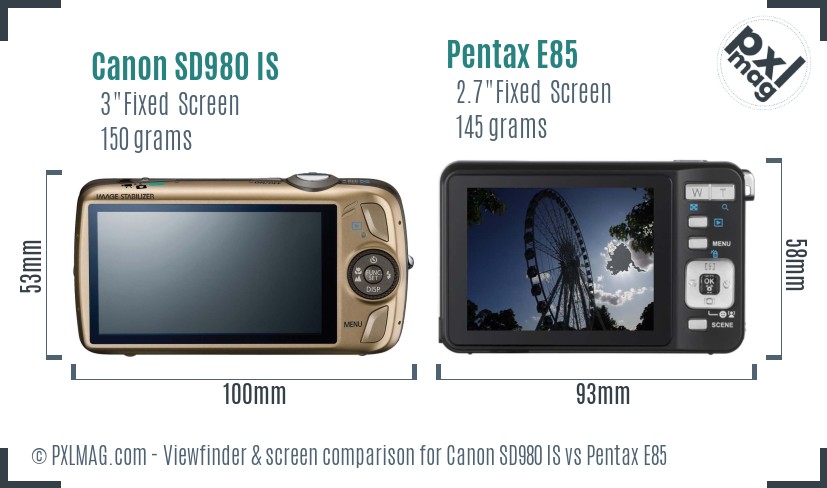 Canon SD980 IS vs Pentax E85 Screen and Viewfinder comparison