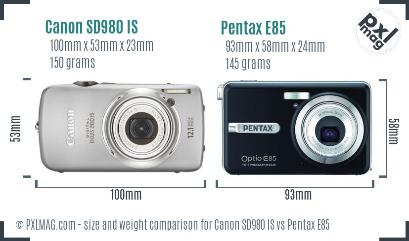 Canon SD980 IS vs Pentax E85 size comparison