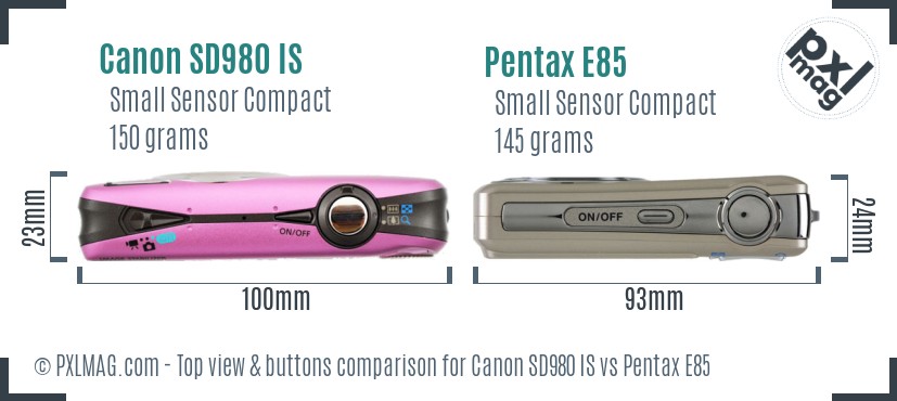 Canon SD980 IS vs Pentax E85 top view buttons comparison