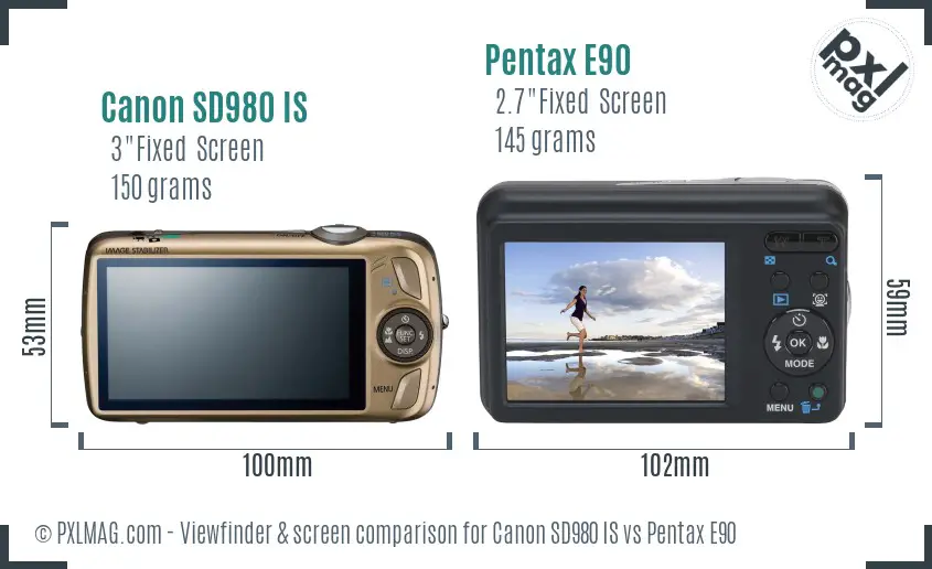 Canon SD980 IS vs Pentax E90 Screen and Viewfinder comparison