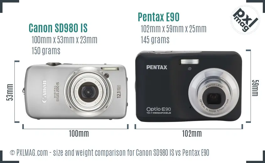 Canon SD980 IS vs Pentax E90 size comparison