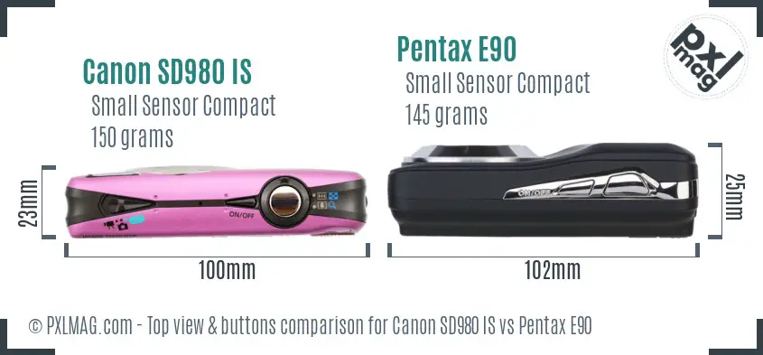 Canon SD980 IS vs Pentax E90 top view buttons comparison
