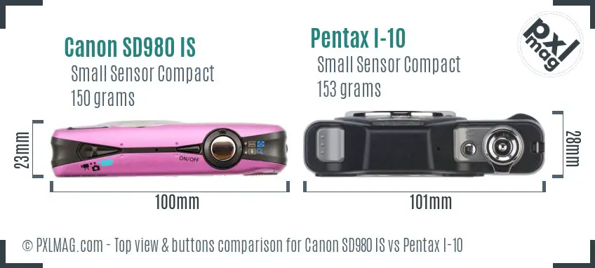 Canon SD980 IS vs Pentax I-10 top view buttons comparison