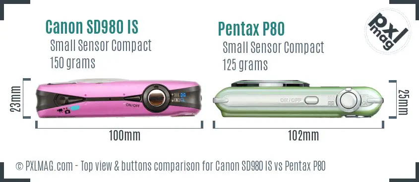 Canon SD980 IS vs Pentax P80 top view buttons comparison