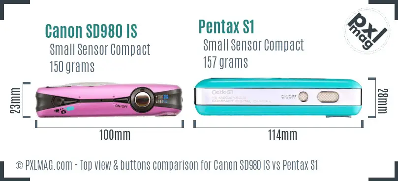 Canon SD980 IS vs Pentax S1 top view buttons comparison