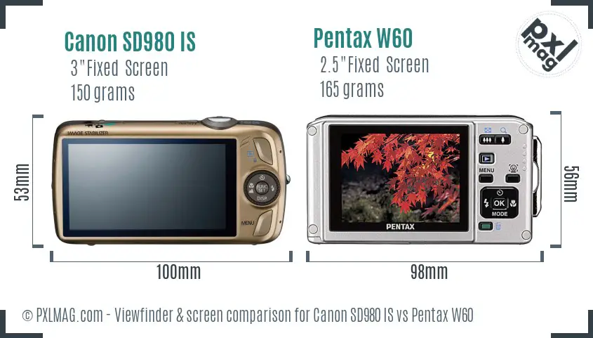 Canon SD980 IS vs Pentax W60 Screen and Viewfinder comparison