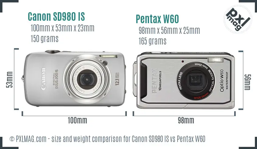 Canon SD980 IS vs Pentax W60 size comparison