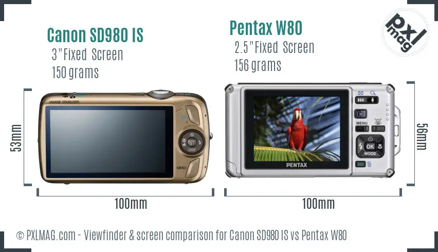 Canon SD980 IS vs Pentax W80 Screen and Viewfinder comparison