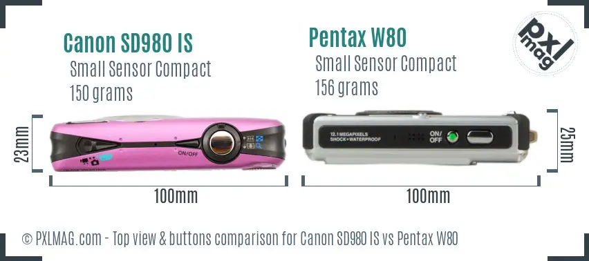 Canon SD980 IS vs Pentax W80 top view buttons comparison