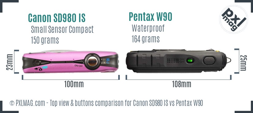 Canon SD980 IS vs Pentax W90 top view buttons comparison