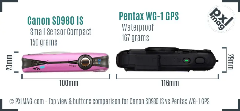 Canon SD980 IS vs Pentax WG-1 GPS top view buttons comparison