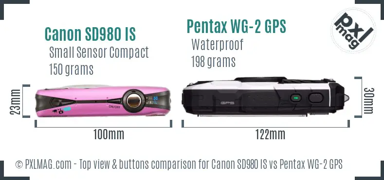 Canon SD980 IS vs Pentax WG-2 GPS top view buttons comparison