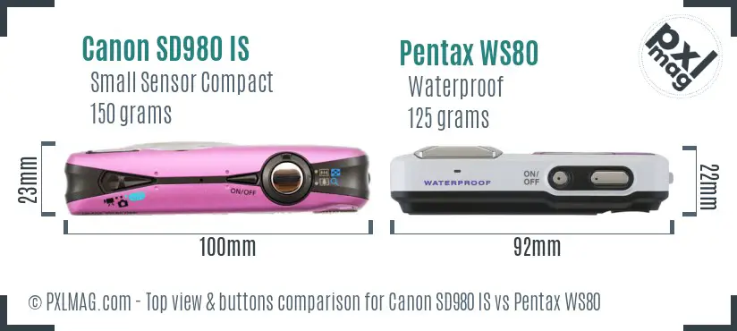 Canon SD980 IS vs Pentax WS80 top view buttons comparison Canon SD980 IS vs Pentax WS80 top view buttons comparison