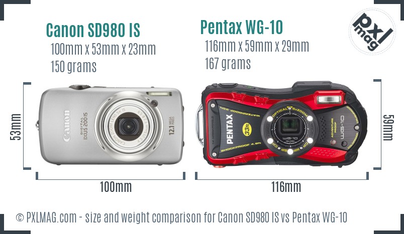 Canon SD980 IS vs Pentax WG-10 size comparison